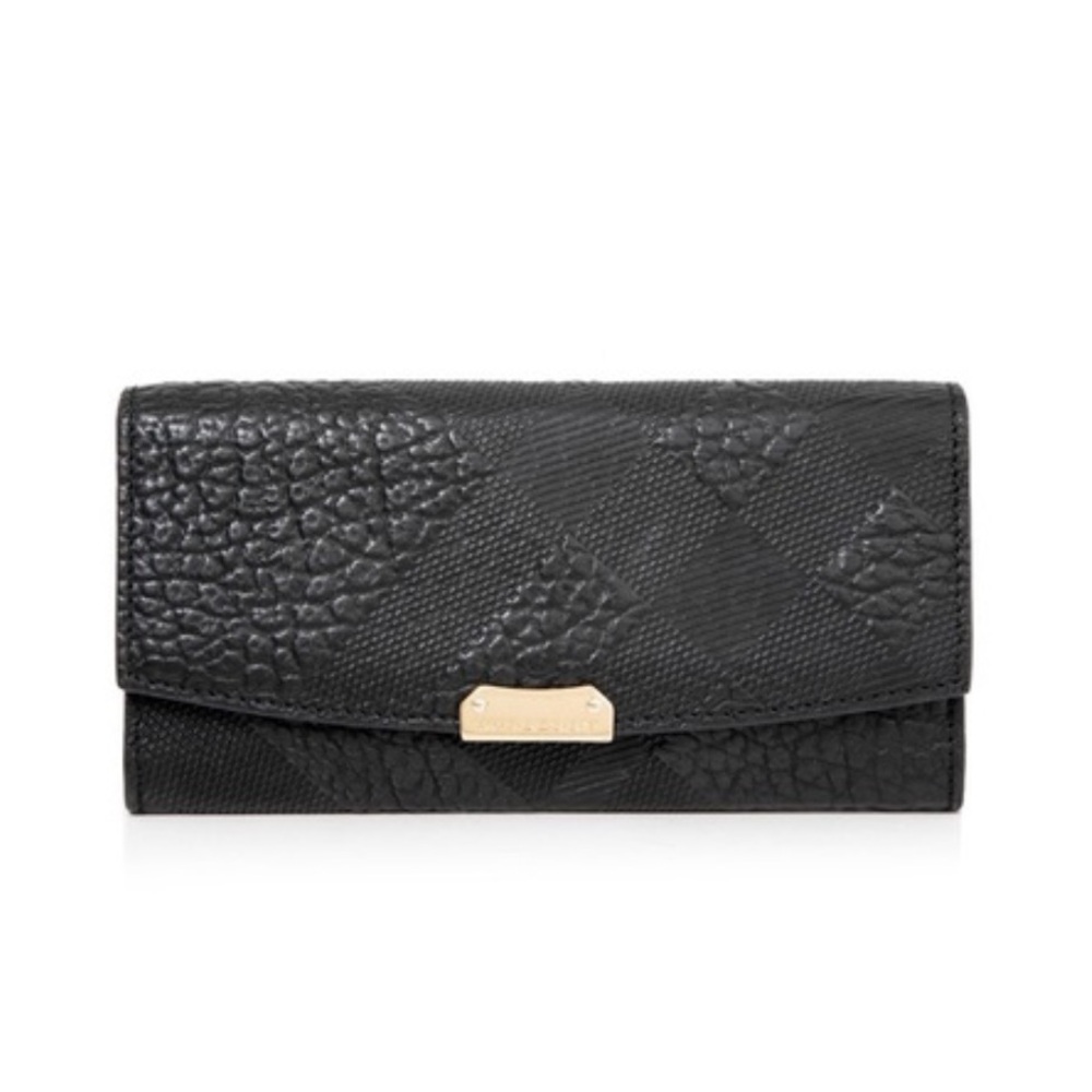 NIB Burberry Grain Check Porter Continental Wallet Black Womens